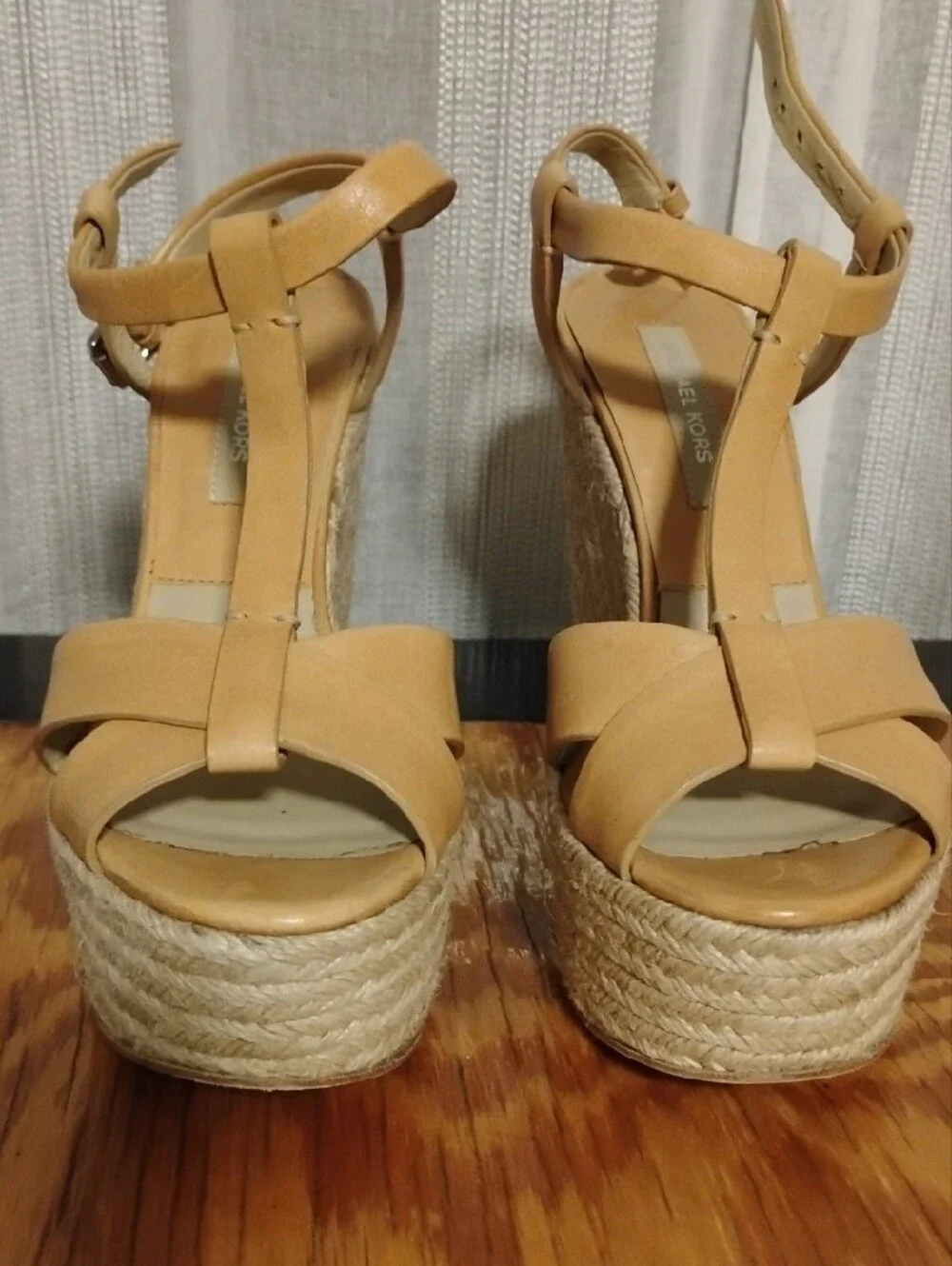 Michael Kors Tan Leather Espadrille Wedge Sandals